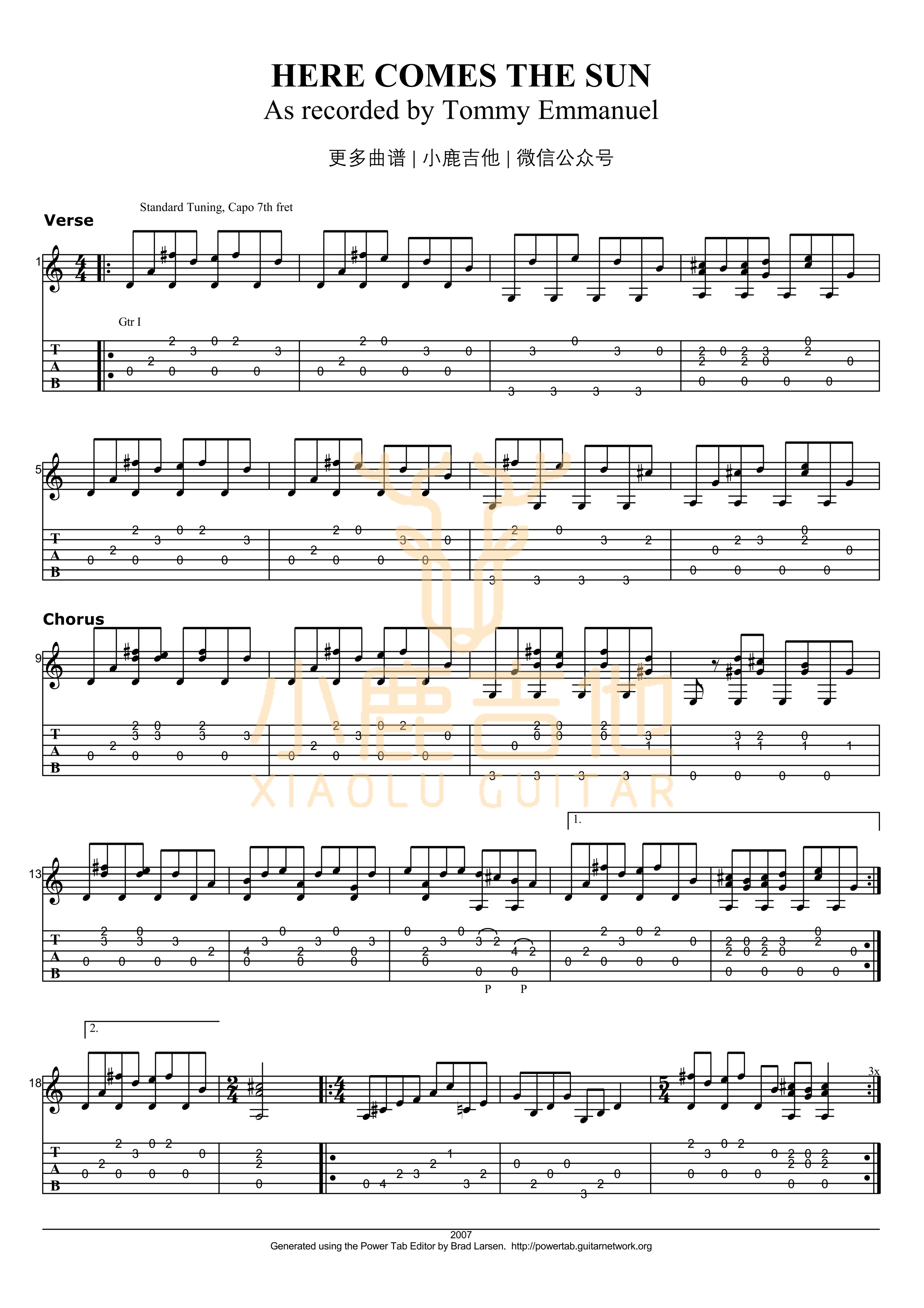 Here Comes The Sun-Tommy Emmanuel指弹吉他谱_小鹿吉他 Here Comes The Sun-Tommy Emmanuel指弹吉他谱_小鹿吉他