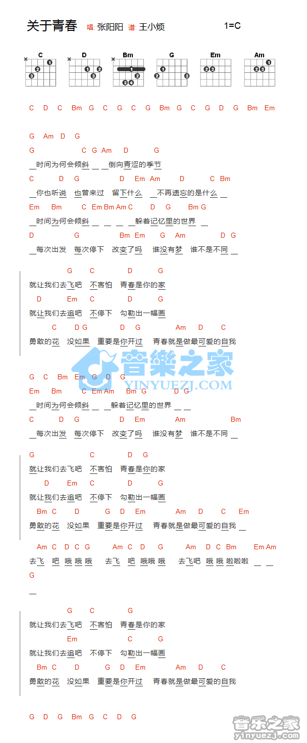 关于青春吉他谱 C调和弦谱_音乐之家编配_张阳阳