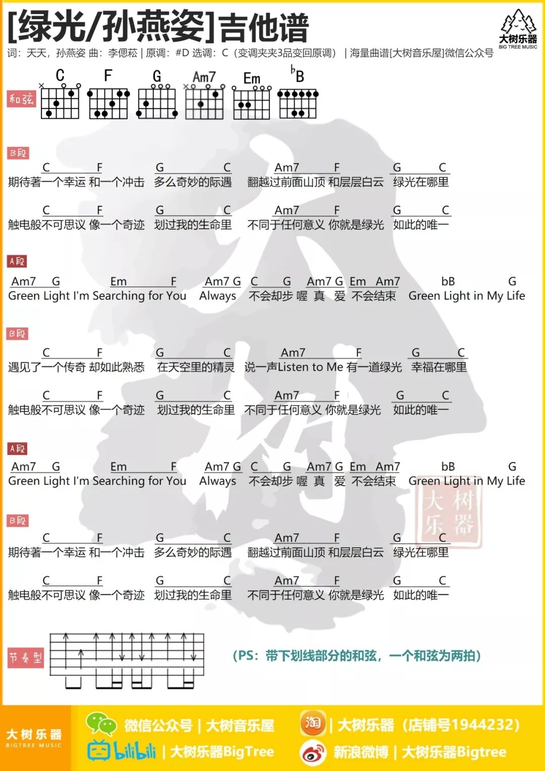 绿光吉他谱 C调和弦谱_大树音乐屋编配_孙燕姿 绿光吉他谱 C调和弦谱_大树音乐屋编配_孙燕姿