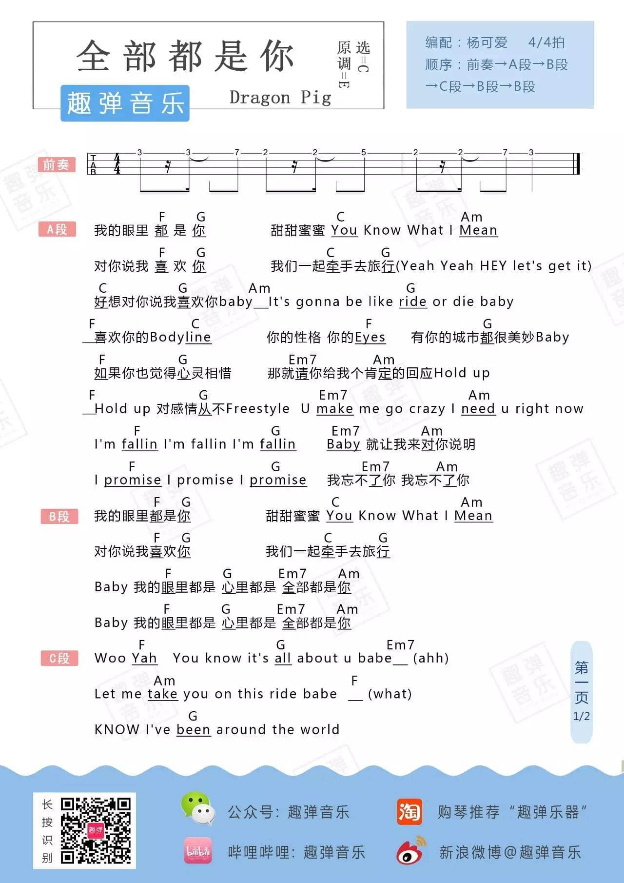 全部都是你吉他谱 C调和弦谱_趣弹音乐编配_Dragon Pig