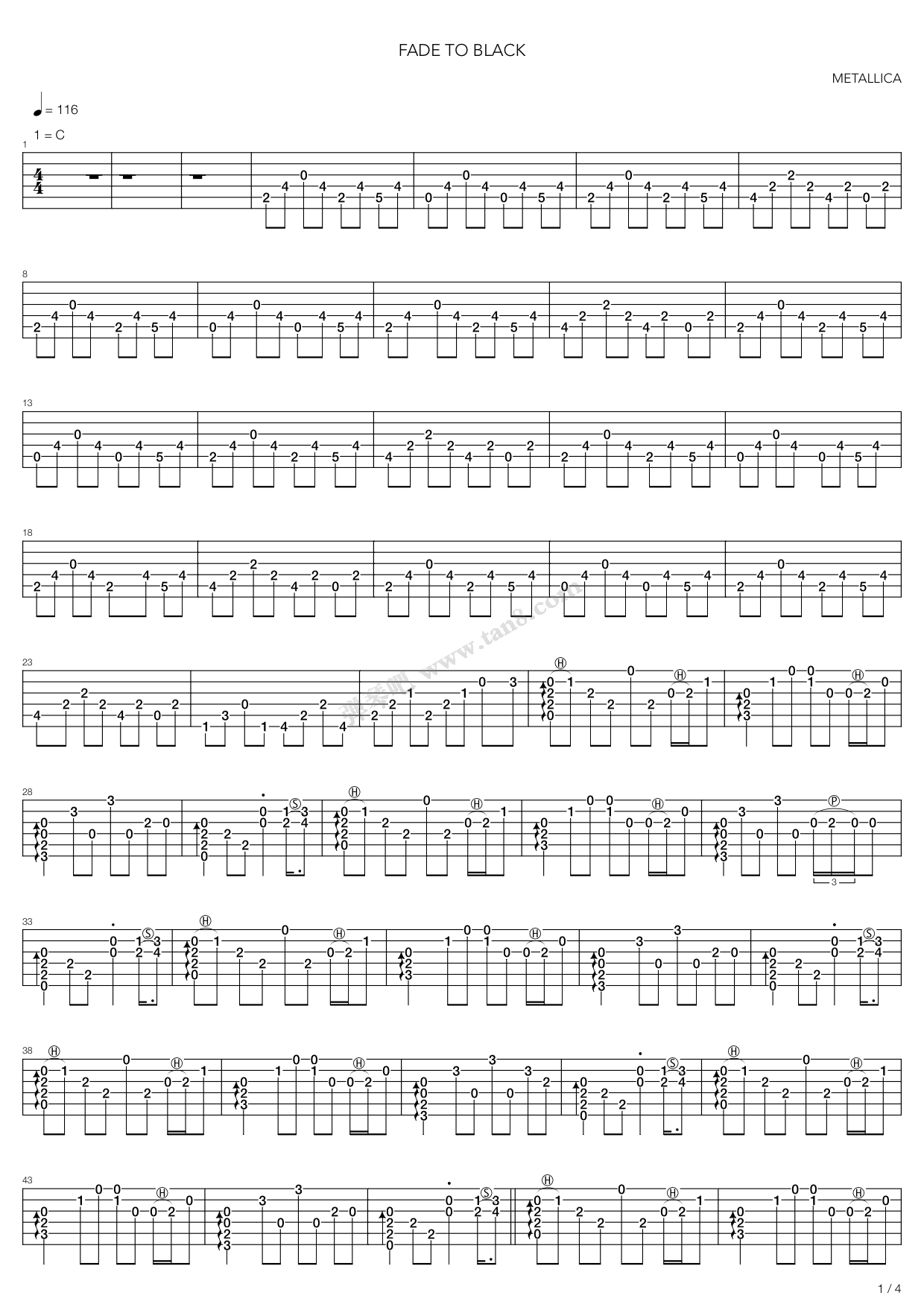 Fade to black指弹谱 C调六线谱_高清版_Metallica