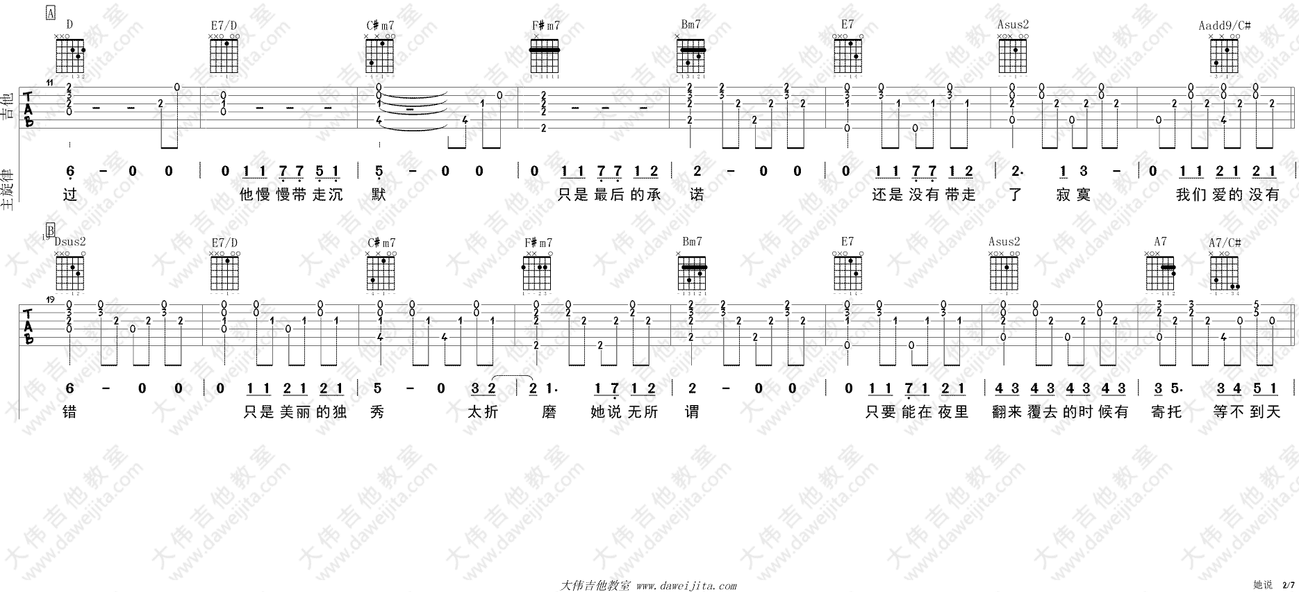 她说吉他谱 A调附视频_大伟吉他教室编配_林俊杰