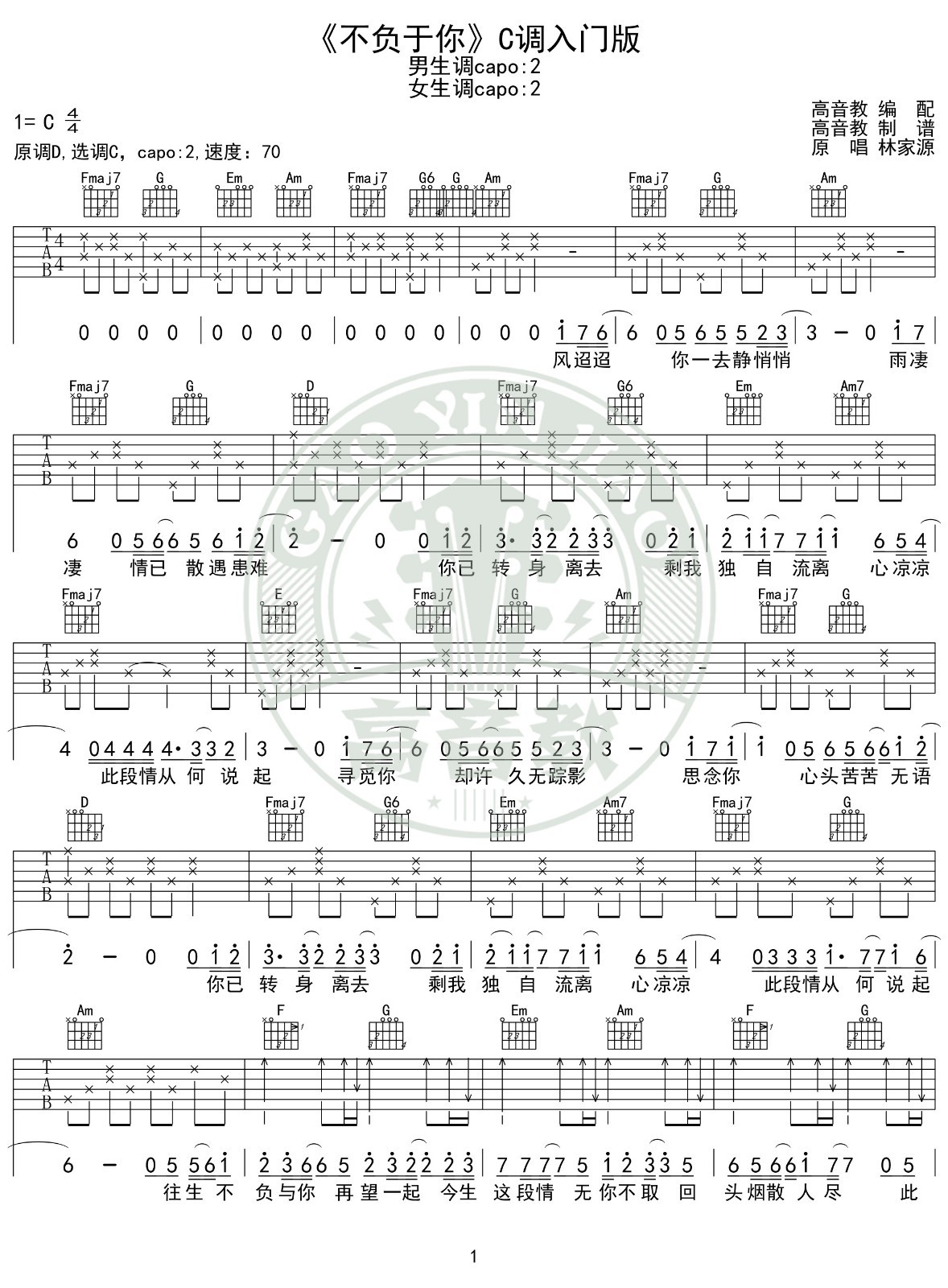 不负于你吉他谱 C调入门版_高音教编配_林家源