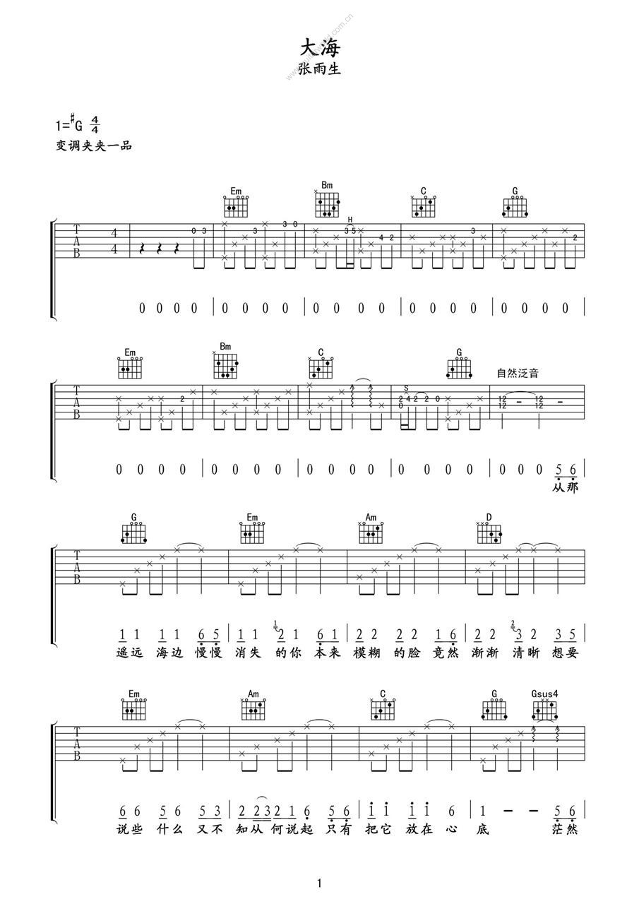大海吉他谱 G调六线谱_高清版_张雨生