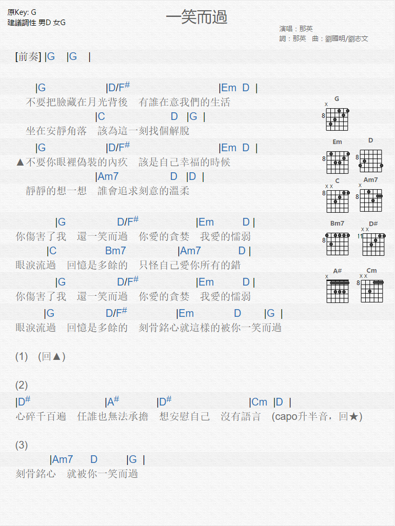 一笑而过吉他谱 G调和弦谱_木木吉他编配_那英 一笑而过吉他谱 G调和弦谱_木木吉他编配_那英