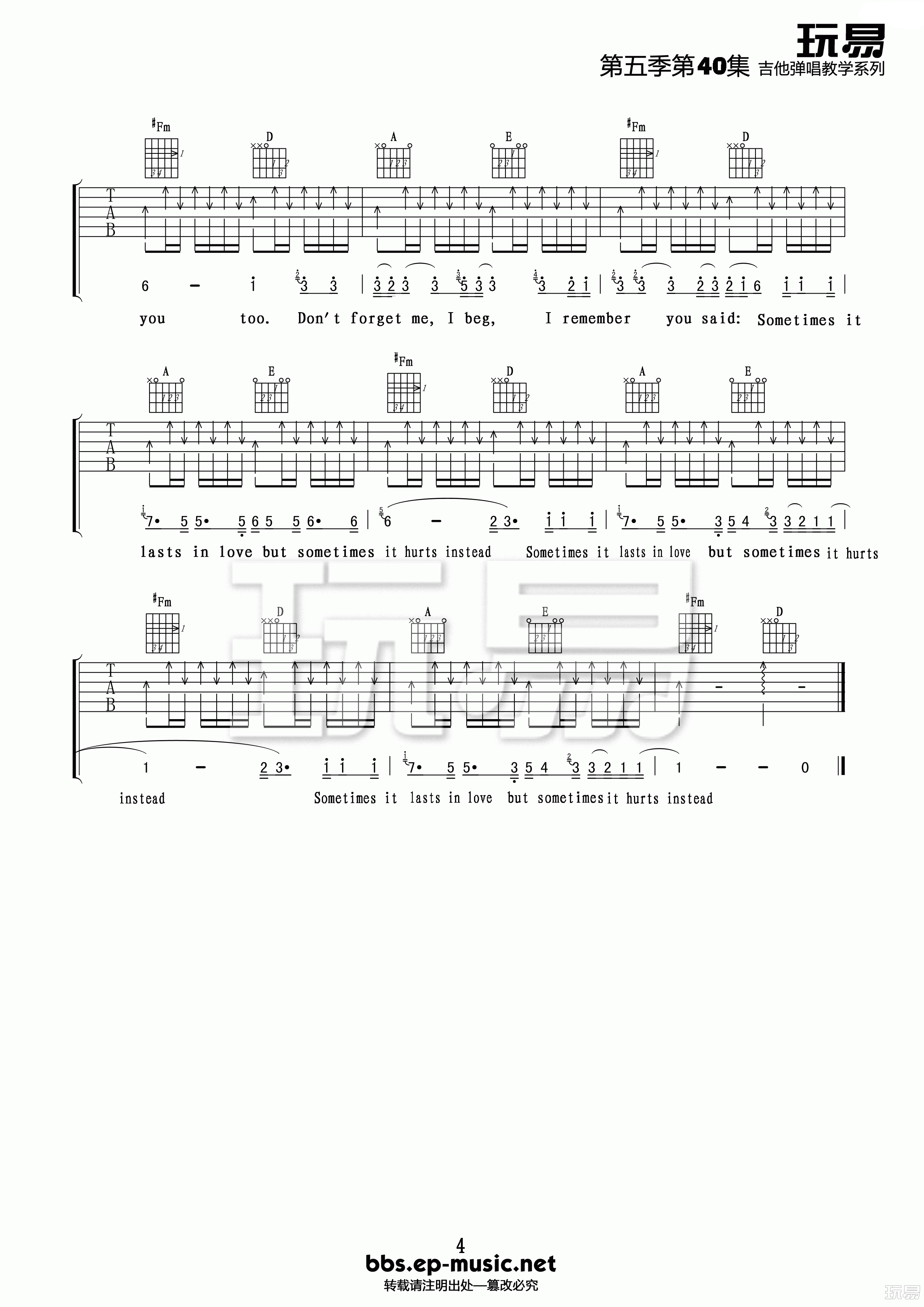 Someone like you吉他谱 A调精选版_玩易吉他编配_Adele Someone like you吉他谱 A调精选版_玩易吉他编配_Adele