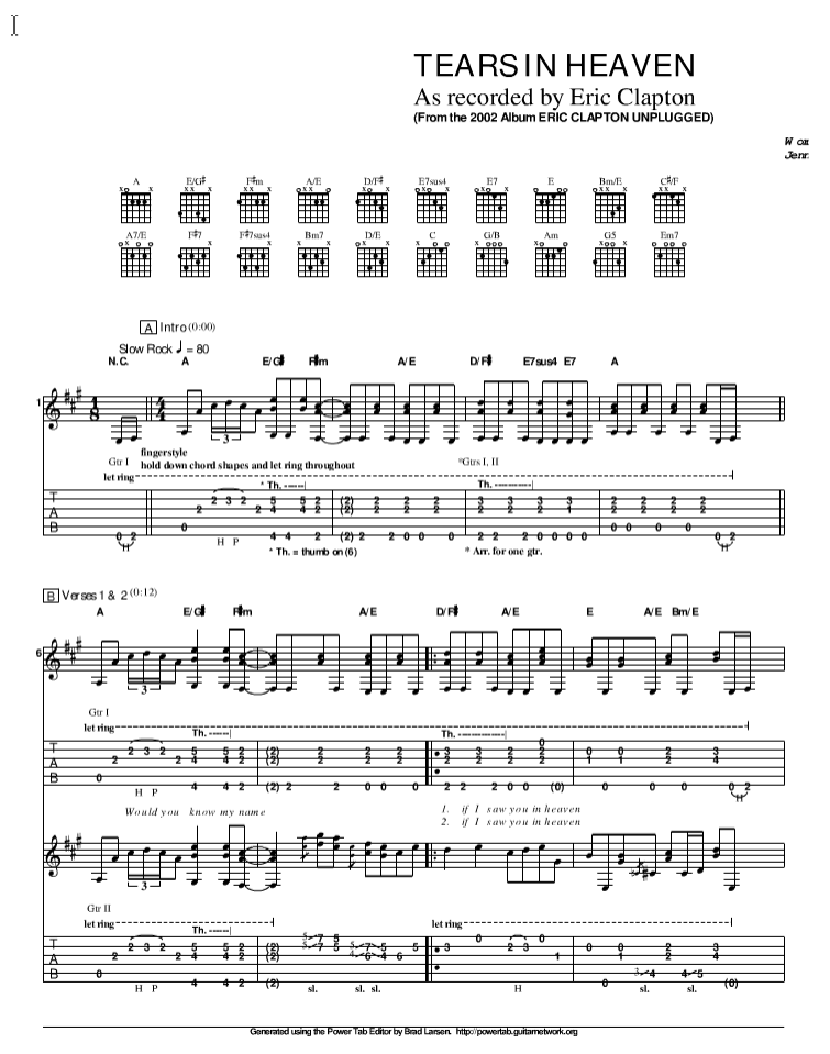 泪洒天堂指弹谱 原调六线谱_精选版_Eric Clapton