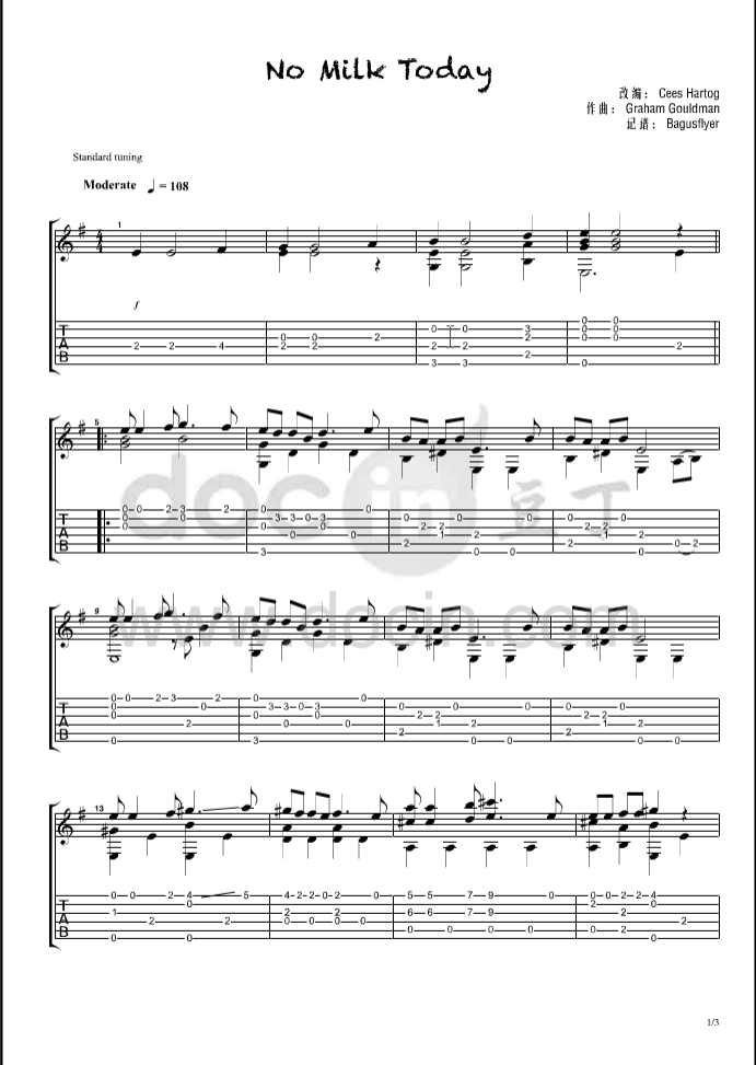 No Milk Today指弹谱 原调六线谱_豆丁网编配_Herman's Hermits