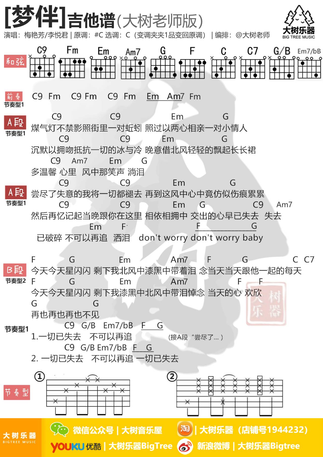 梦伴吉他谱 C调和弦谱_大树音乐编配_李悦君 梦伴吉他谱 C调和弦谱_大树音乐编配_李悦君