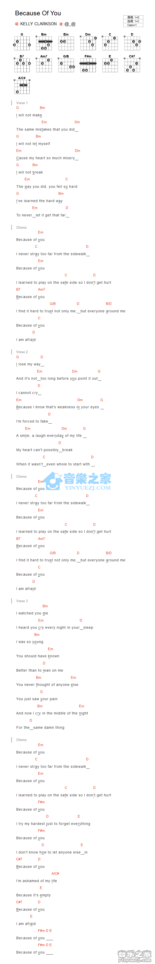 Because Of You吉他谱 C调和弦谱_音乐之家编配_Kelly Clarkson