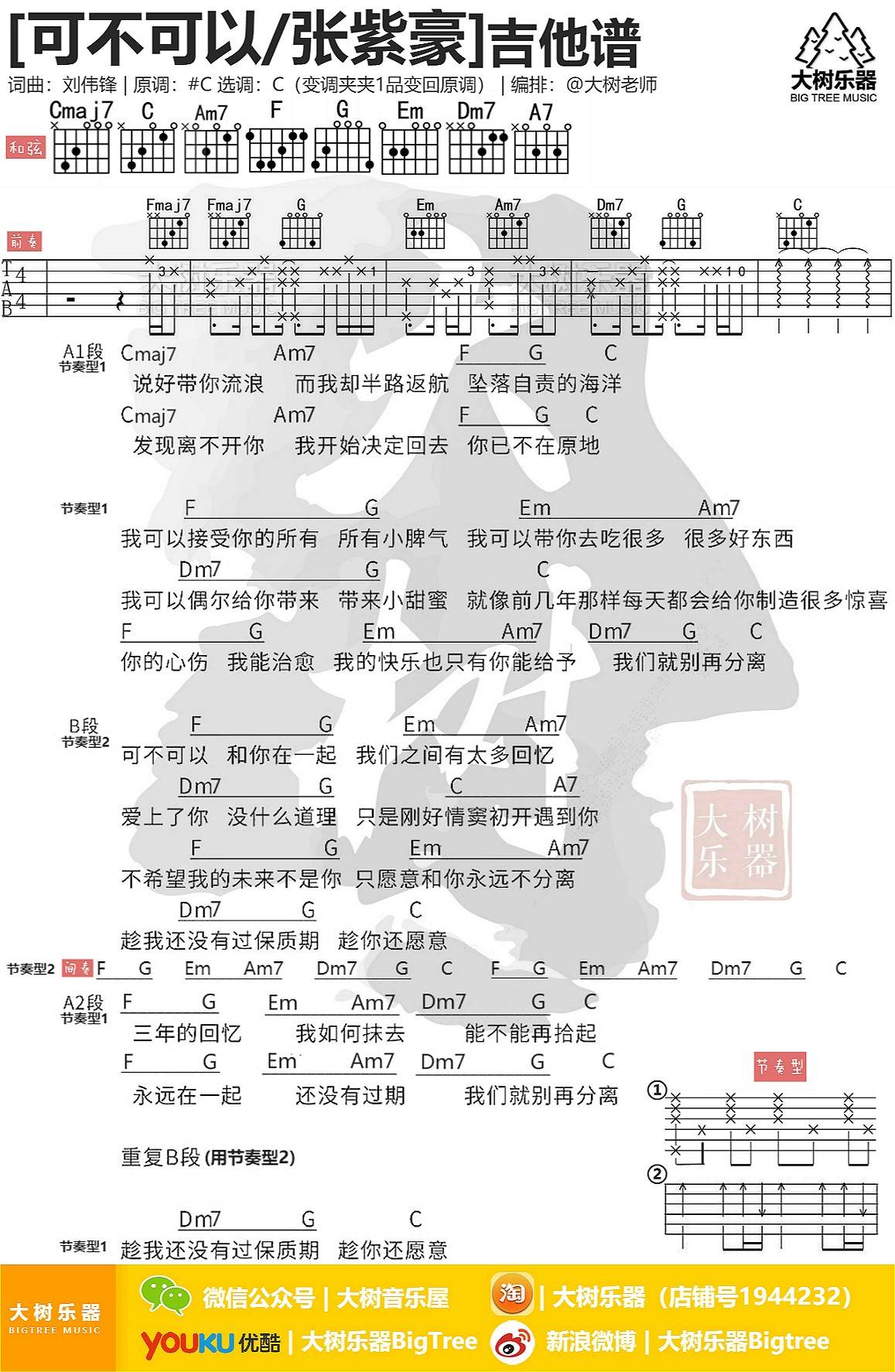 可不可以吉他谱 C调附教程_大树音乐编配_张紫豪