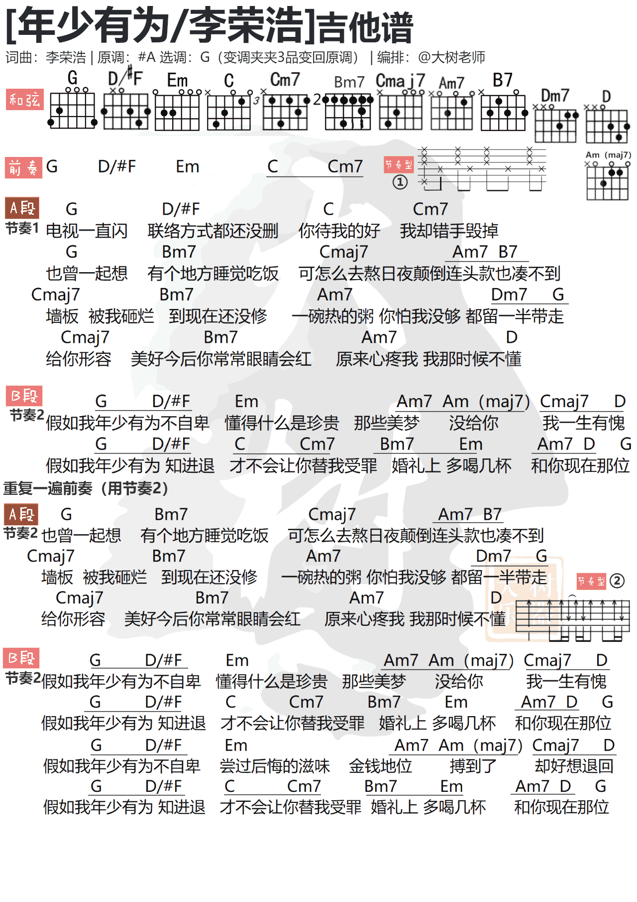 年少有为吉他谱 G调简单版_大树乐器编配_李荣浩
