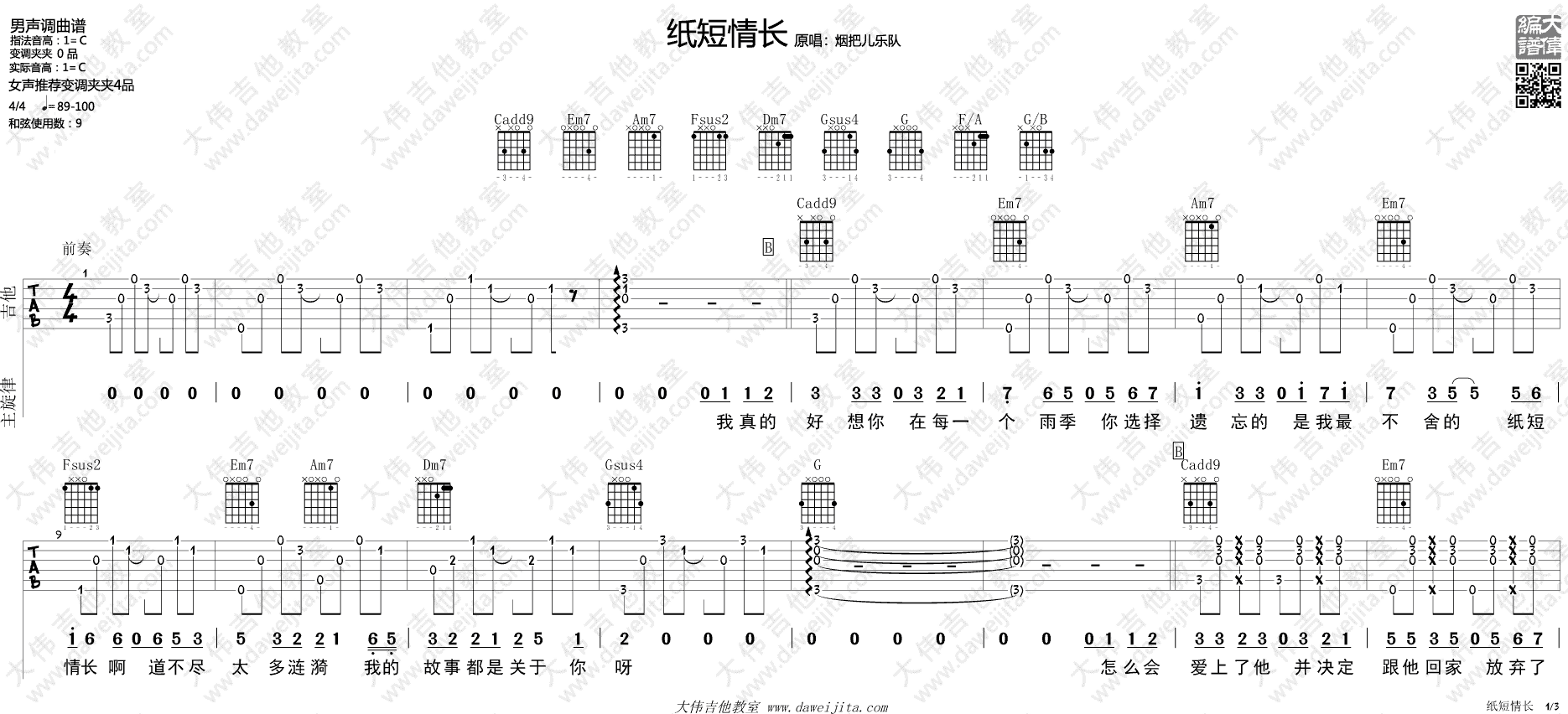 纸短情长吉他谱 C调版本_大伟吉他教室编配_烟把儿乐队