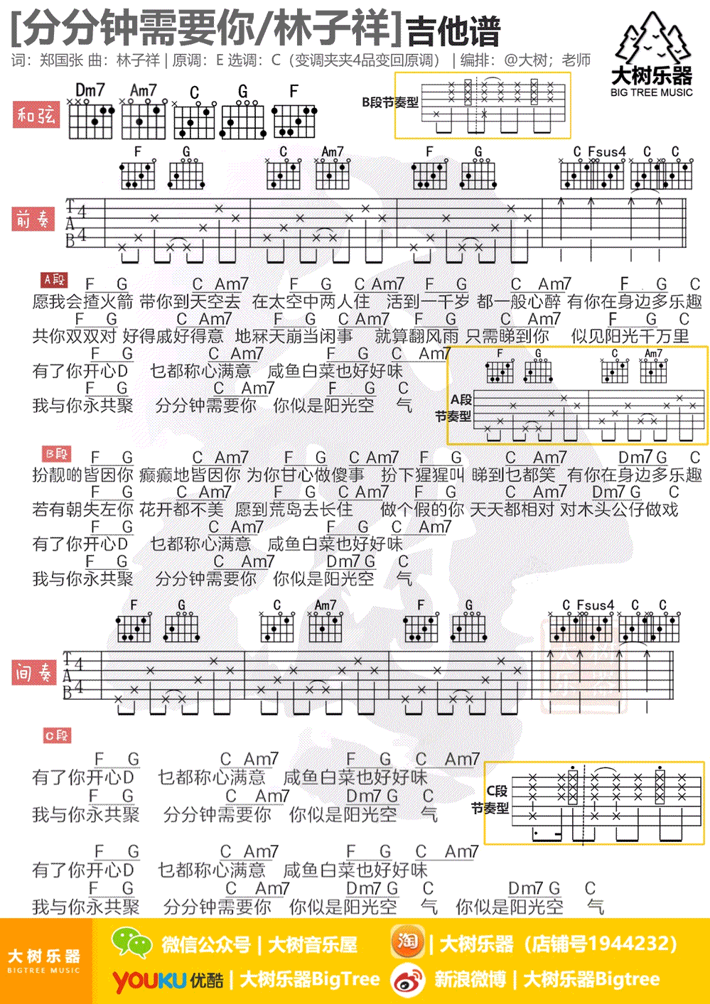 分分需要你吉他谱 C调_大树乐器编配_林子祥