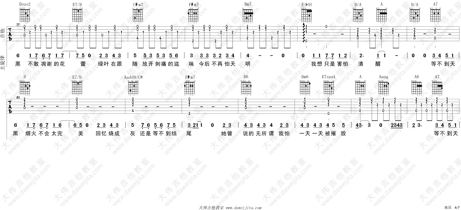 她说吉他谱 A调附视频_大伟吉他教室编配_林俊杰