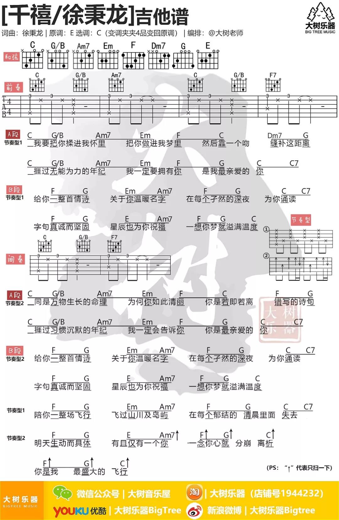 千禧吉他谱 C调和弦谱_大树音乐屋编配_徐秉龙