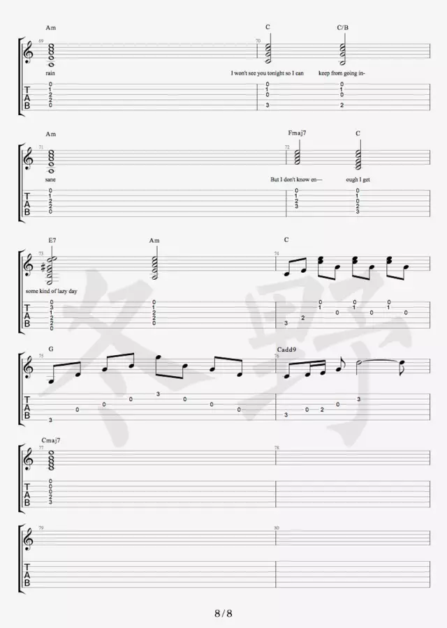 Free Loop吉他谱 原调六线谱_冬野吉他编配_Daniel Powter Free Loop吉他谱 原调六线谱_冬野吉他编配_Daniel Powter