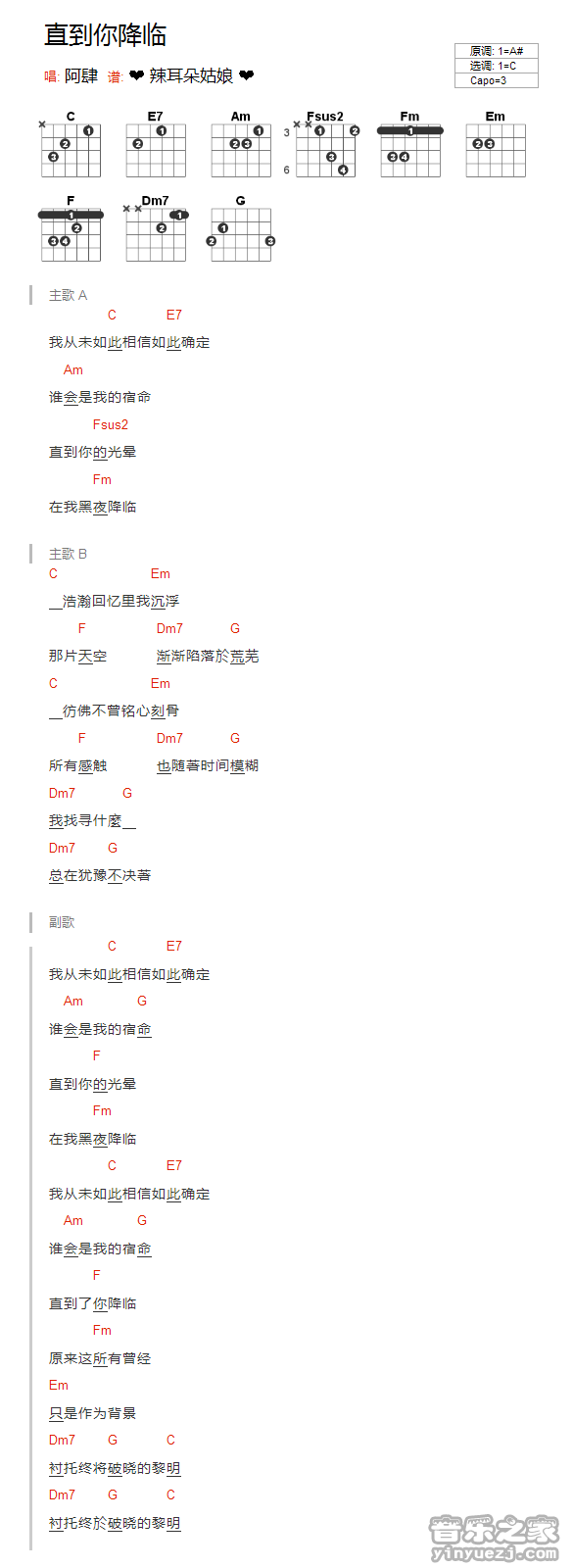 直到你降临吉他谱 C调和弦谱_音乐之家编配_阿肆