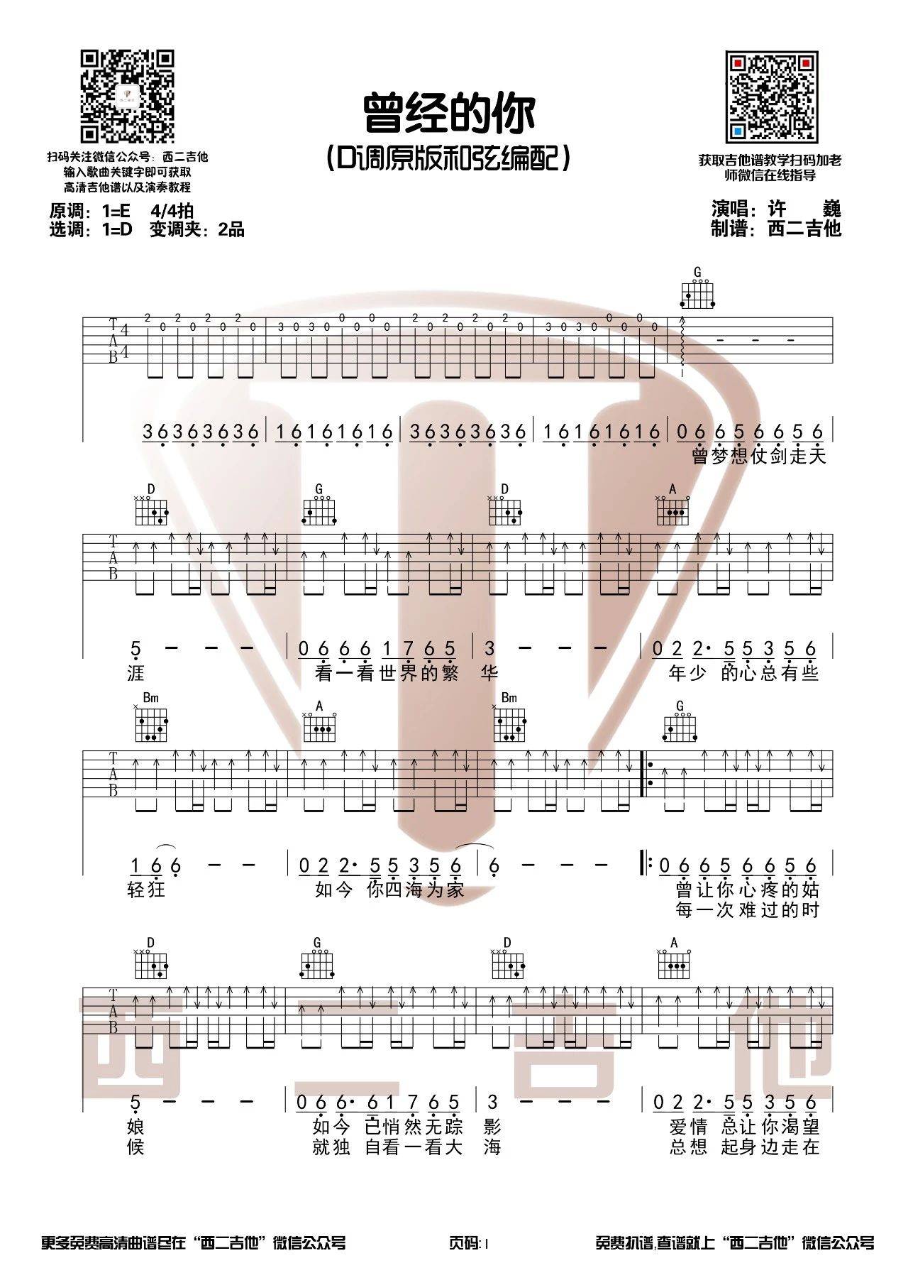 曾经的你吉他谱 D调_西二吉他编配_许巍