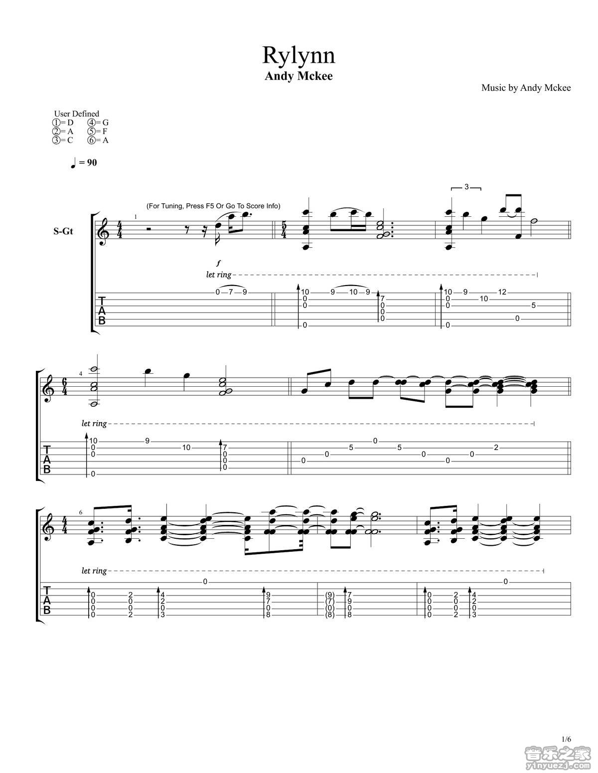 rylynn指弹谱 D调六线谱_音乐之家编配_Andy McKee rylynn指弹谱 D调六线谱_音乐之家编配_Andy McKee