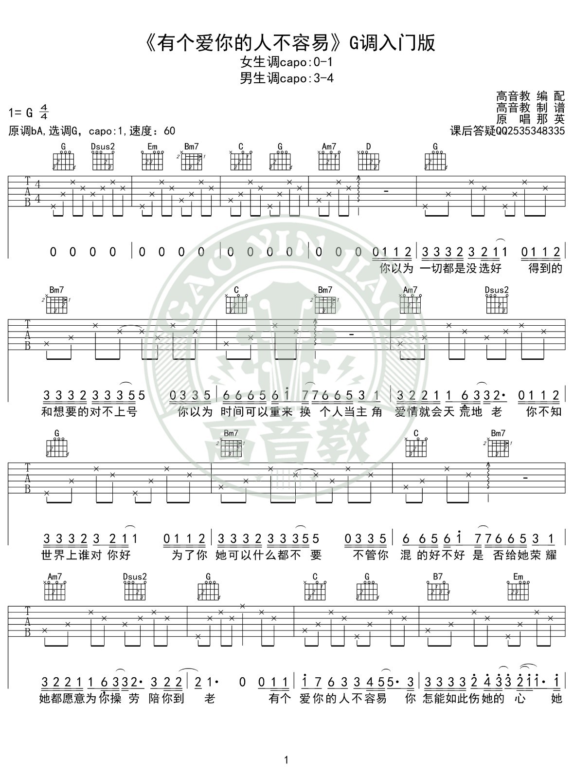 有个爱你的人不容易吉他谱 G调高清版_高音教编配_那英 有个爱你的人不容易吉他谱 G调高清版_高音教编配_那英