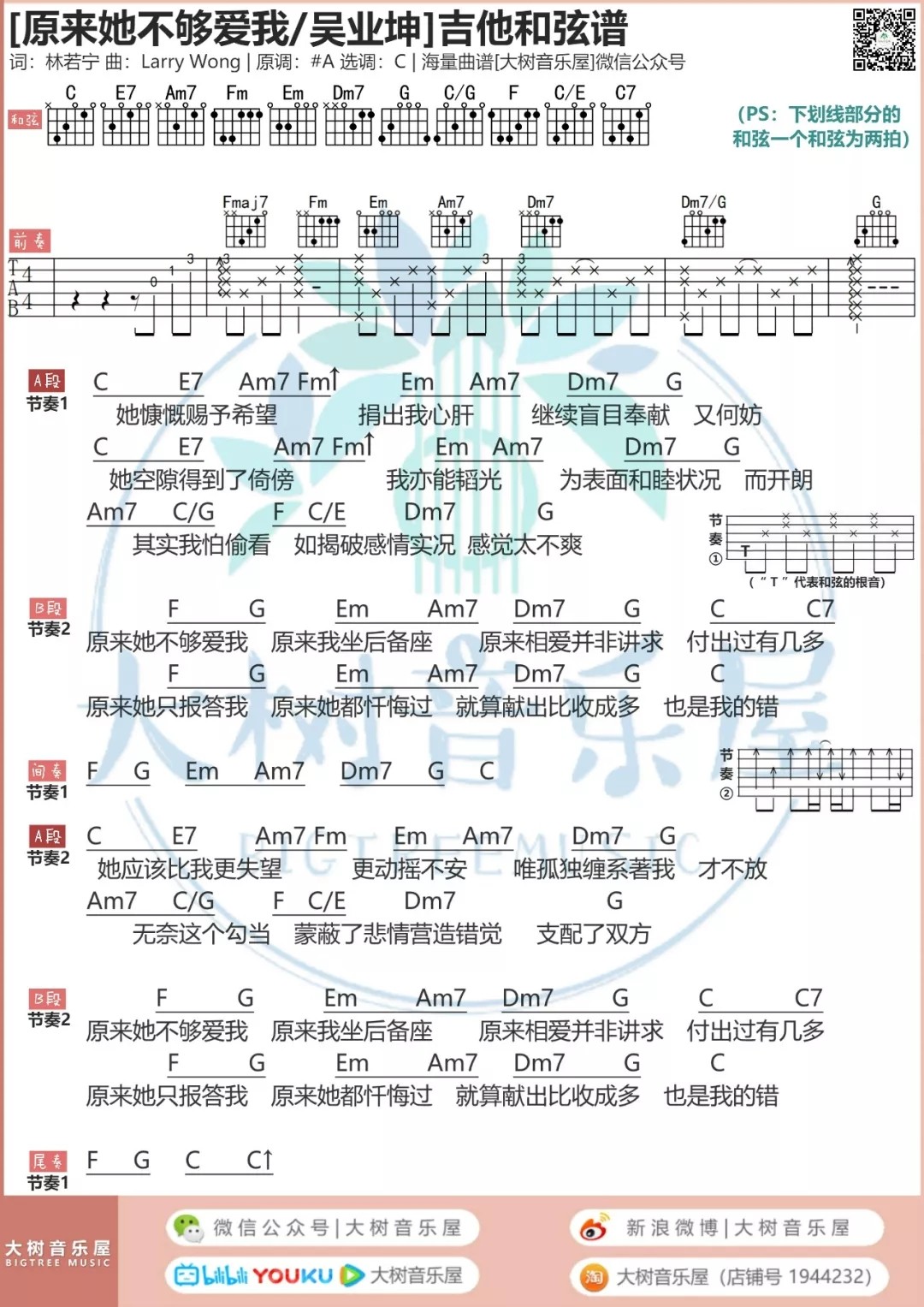 原来她不够爱我吉他谱 C调_大树音乐屋编配_吴业坤