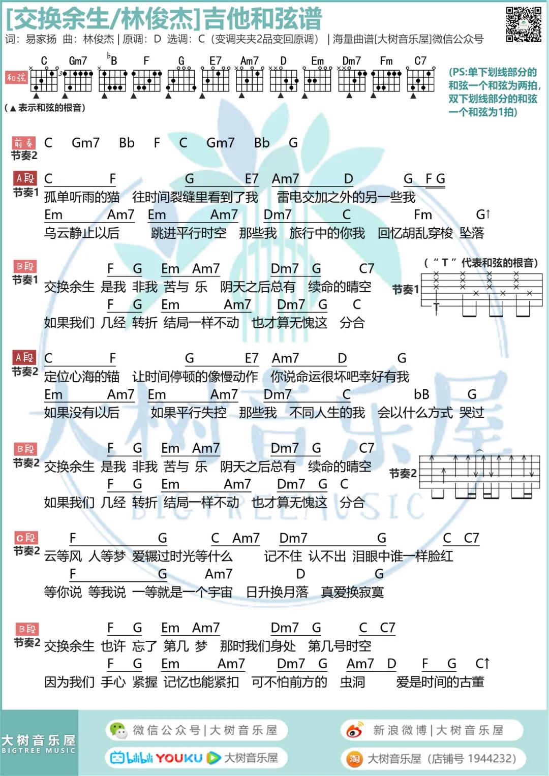 交换余生吉他谱 C调和弦谱_大树音乐屋编配_林俊杰