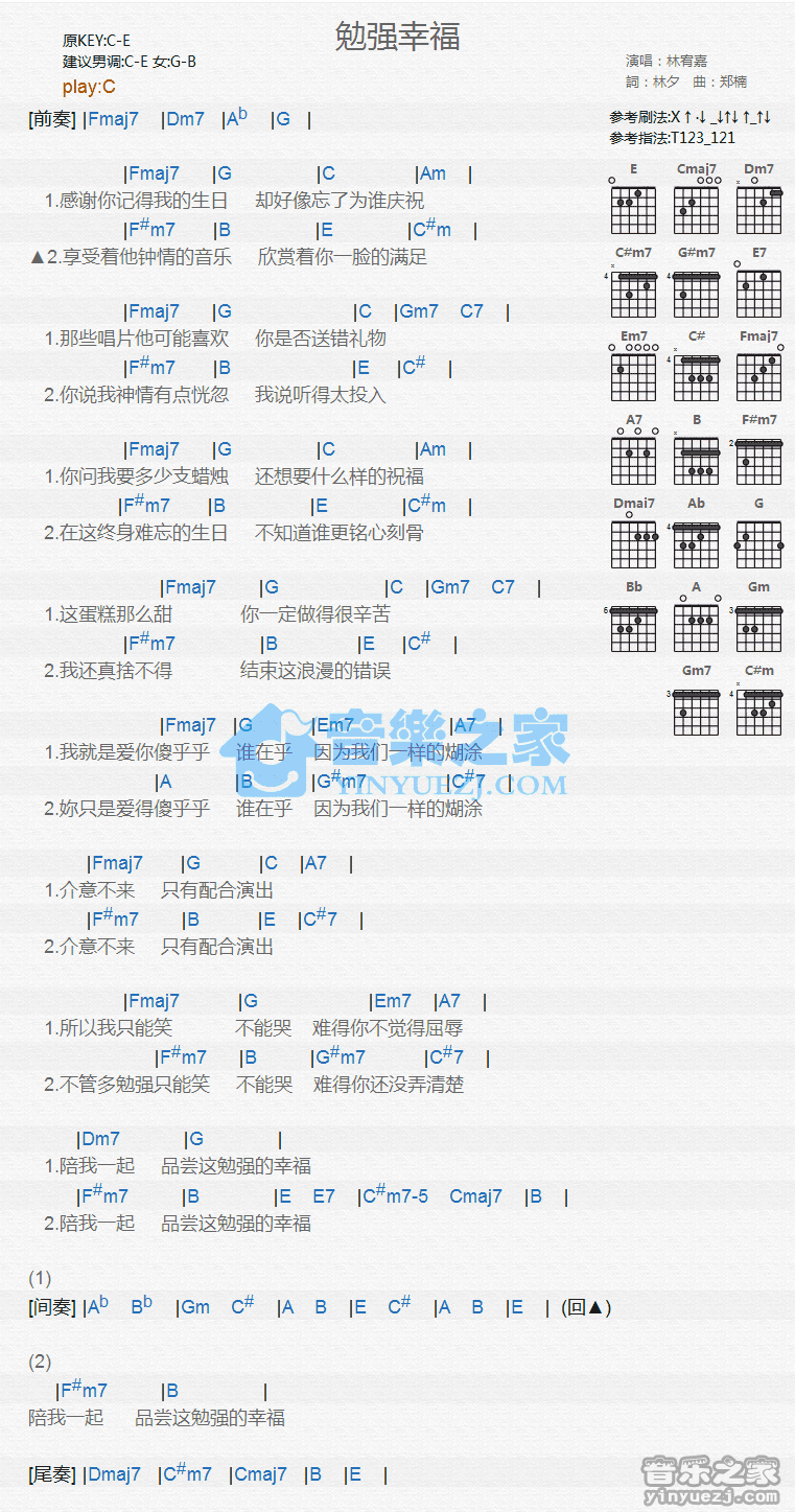 勉强幸福吉他谱 C调和弦谱_音乐之家编配_林宥嘉 勉强幸福吉他谱 C调和弦谱_音乐之家编配_林宥嘉