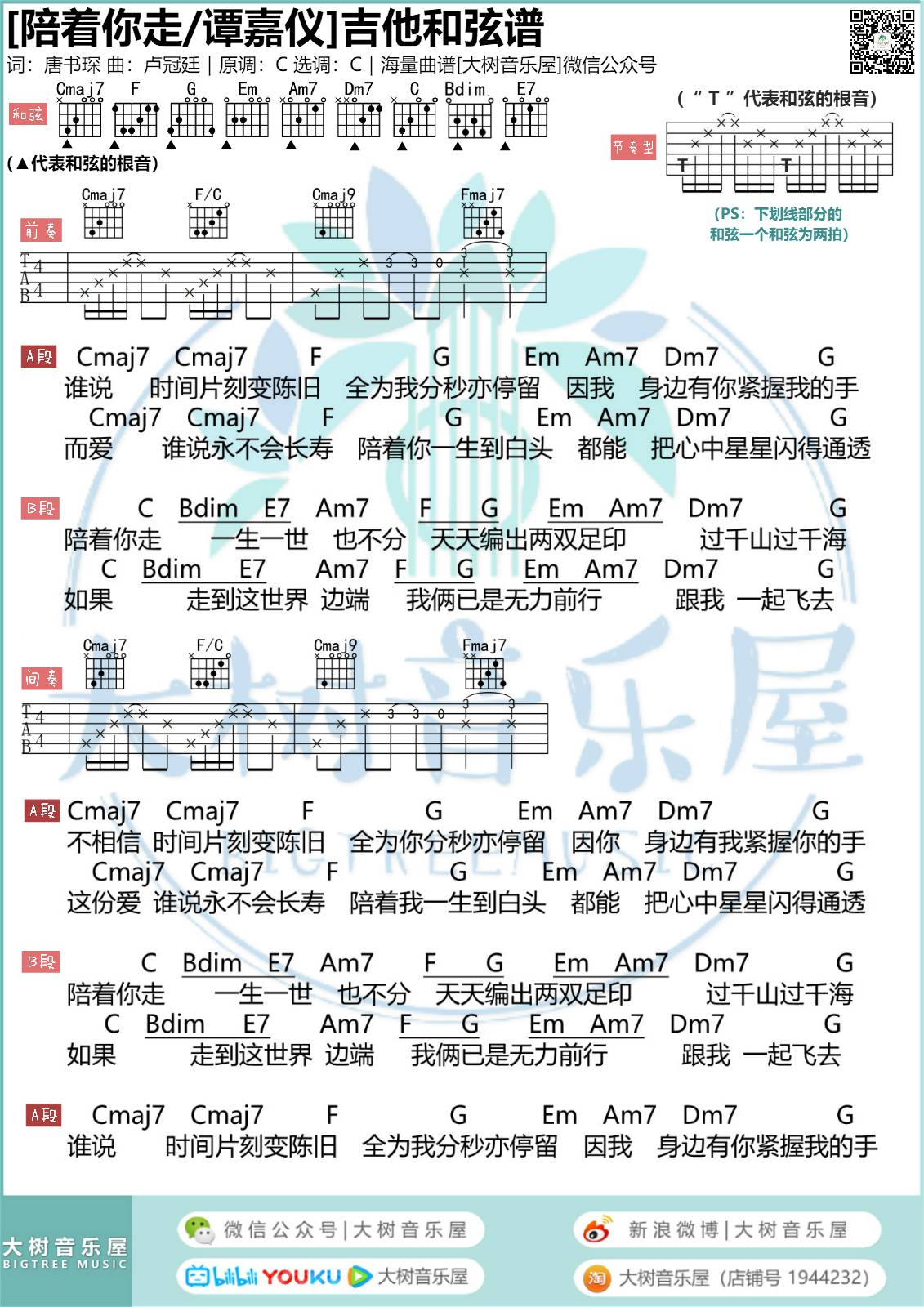 陪着你走吉他谱 C调附视频_大树音乐屋编配_谭嘉仪