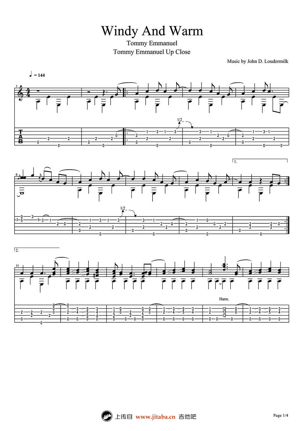 Windy And Warm指弹谱 原版六线谱_吉他吧编配_Tommy Emmanuel Windy And Warm指弹谱 原版六线谱_吉他吧编配_Tommy Emmanuel