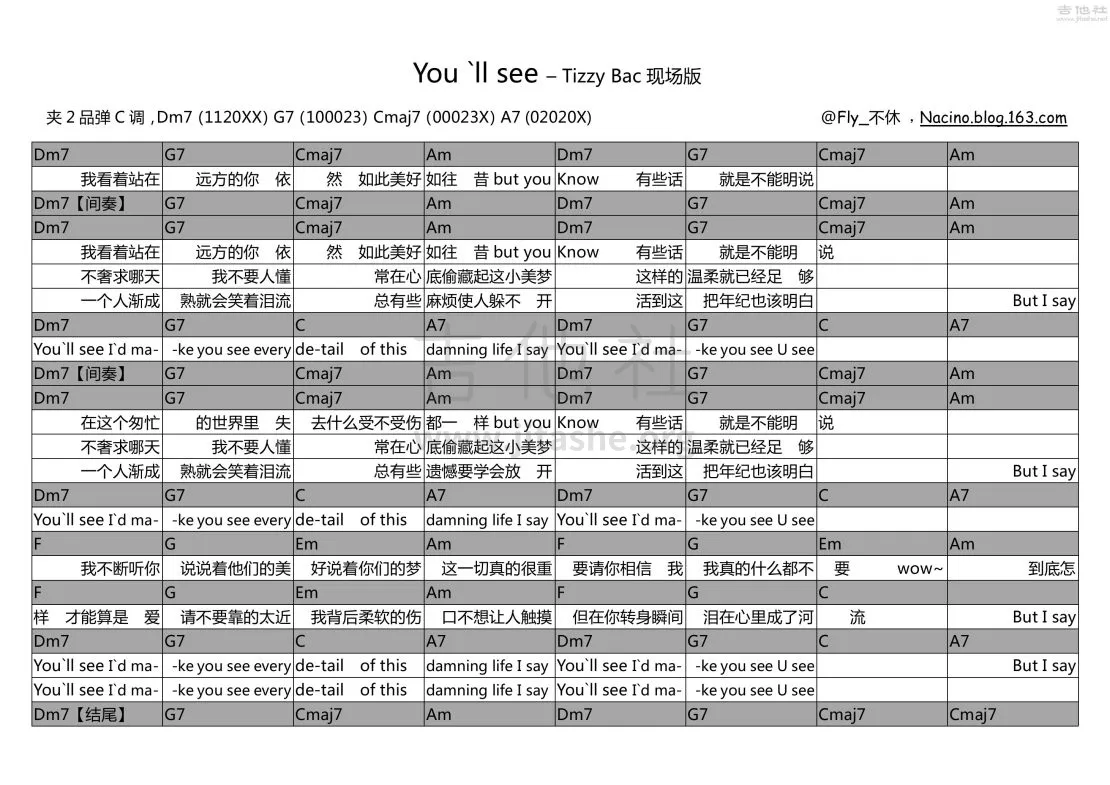 You'll see吉他谱 C调和弦谱_吉他社编配_Tizzy Bac