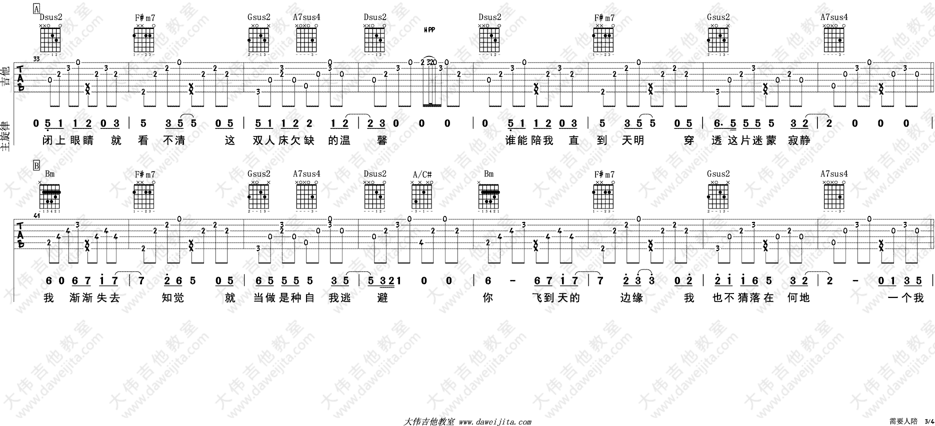 需要人陪吉他谱 F调六线谱_大伟吉他教室编配_王力宏