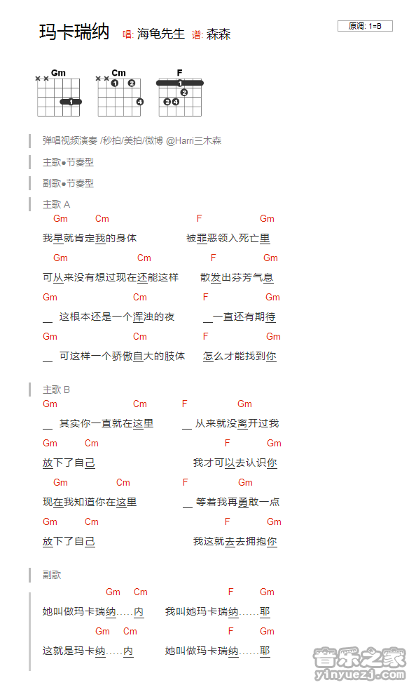 玛卡瑞纳吉他谱 B调_音乐之家编配_海龟先生 玛卡瑞纳吉他谱 B调_音乐之家编配_海龟先生