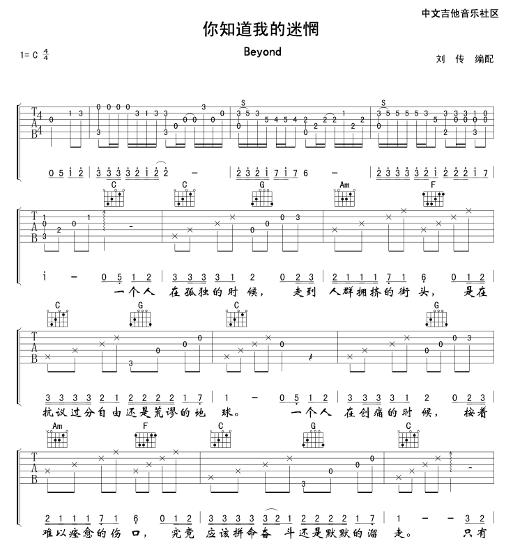 你知道我的迷惘吉他谱 C调附前奏_17吉他编配_Beyond