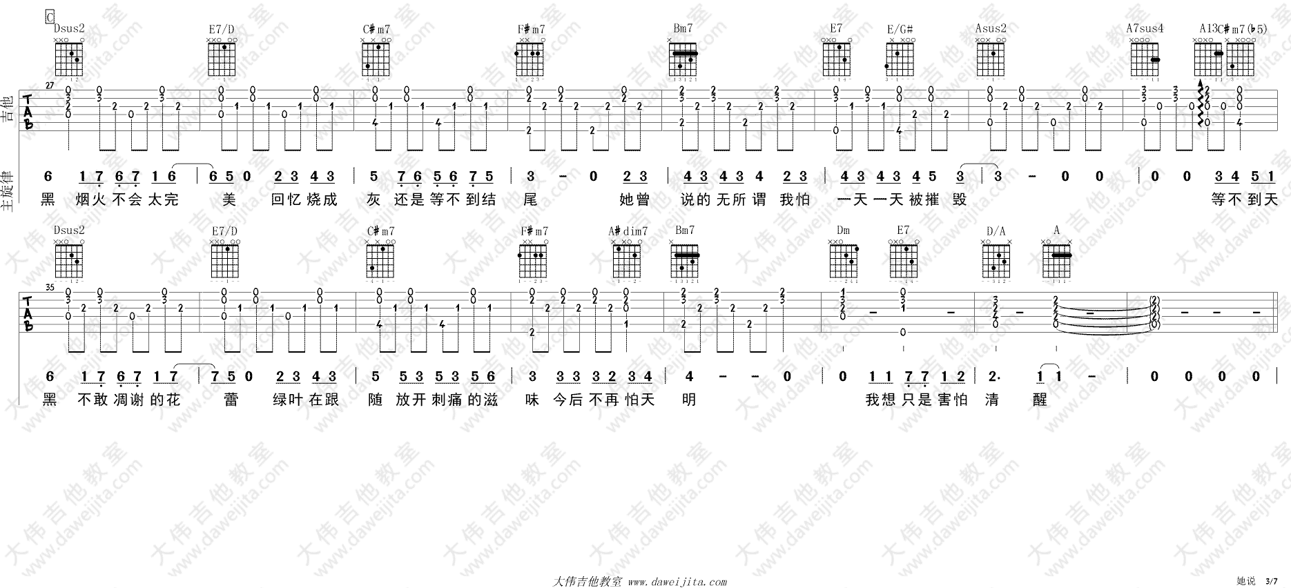 她说吉他谱 A调附视频_大伟吉他教室编配_林俊杰