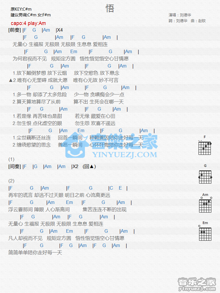 悟吉他谱 C调和弦谱_音乐之家编配_刘德华