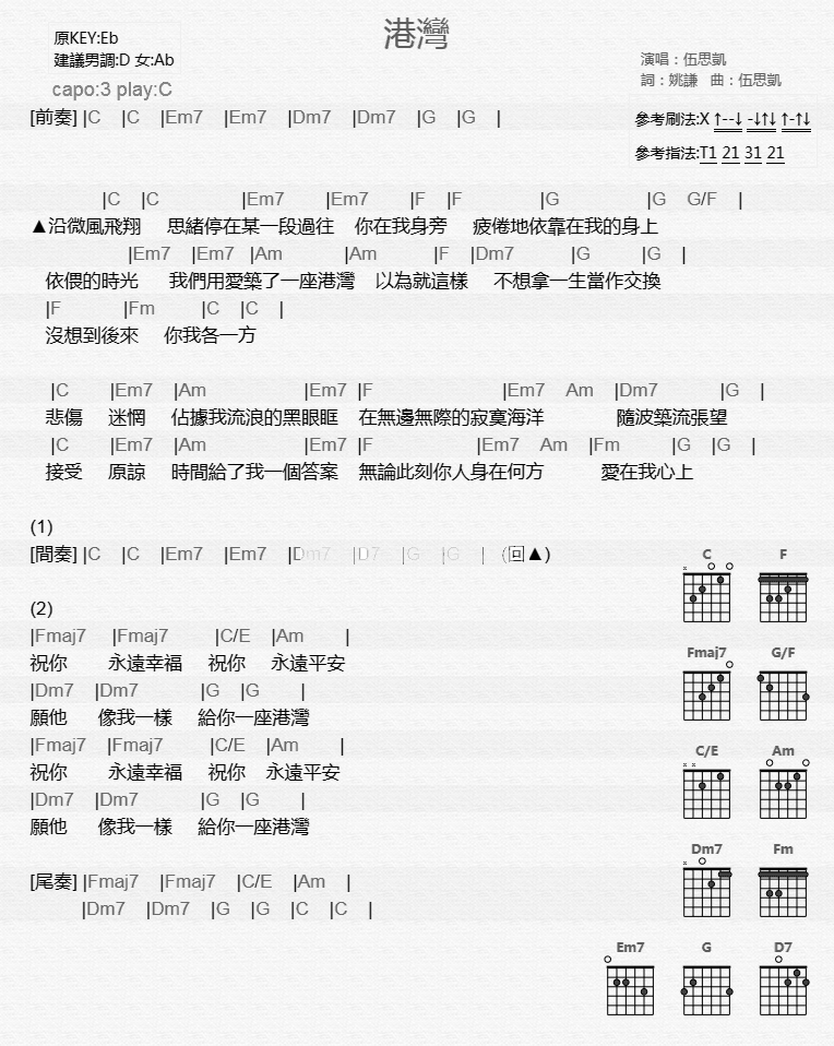 港湾吉他谱 C调和弦谱_音乐之家编配_伍思凯