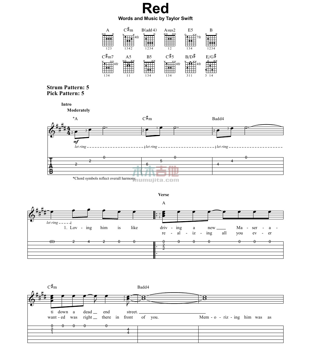 red吉他谱 G调_木木吉他编配_Taylor Swift red吉他谱 G调_木木吉他编配_Taylor Swift