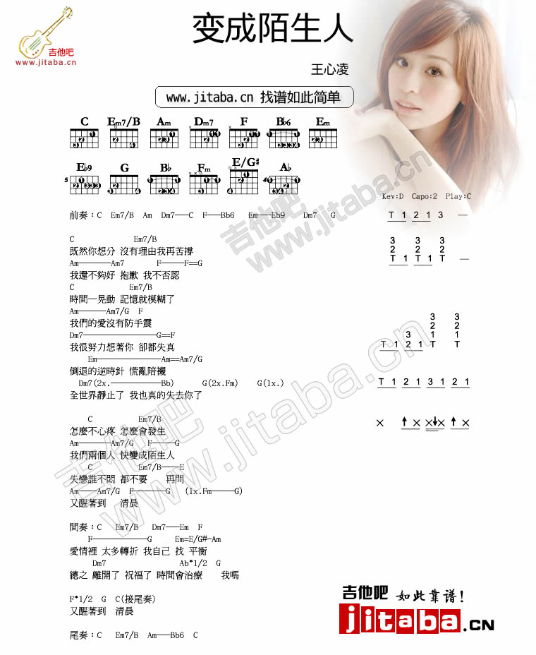 变成陌生人吉他谱 C调简单版_吉他吧编配_王心凌 变成陌生人吉他谱 C调简单版_吉他吧编配_王心凌