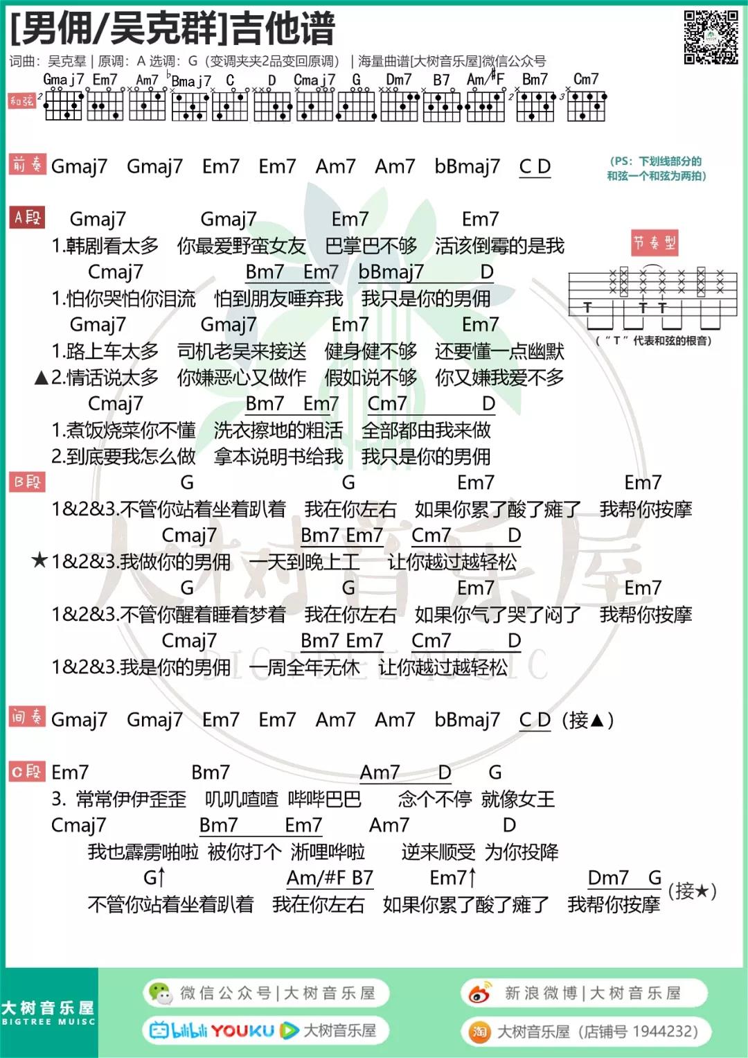 男佣吉他谱 G调和弦谱_大树音乐屋编配_吴克群