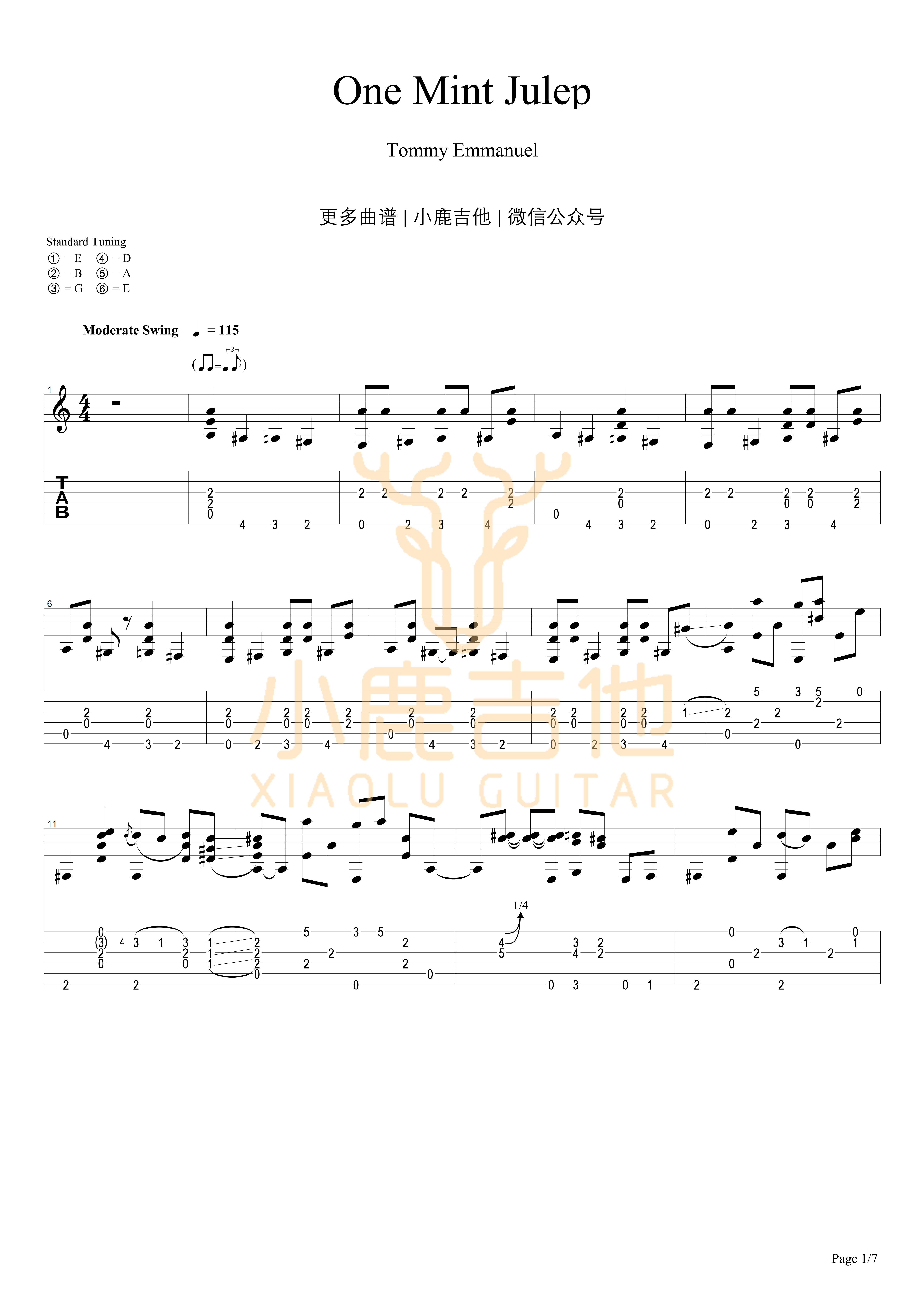 One Mint Julep-Tommy Emmanuel指弹吉他谱(小鹿吉他) One Mint Julep-Tommy Emmanuel指弹吉他谱(小鹿吉他)