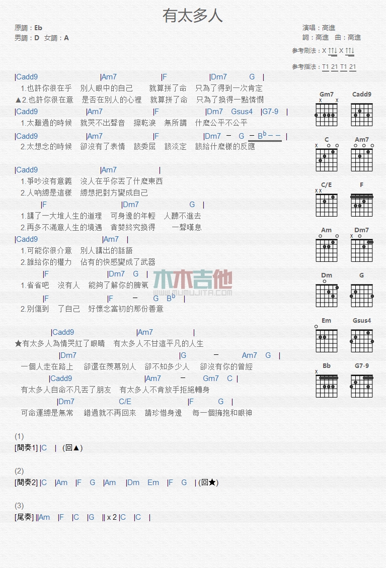 有太多人吉他谱 D调和弦谱_木木吉他编配_高进