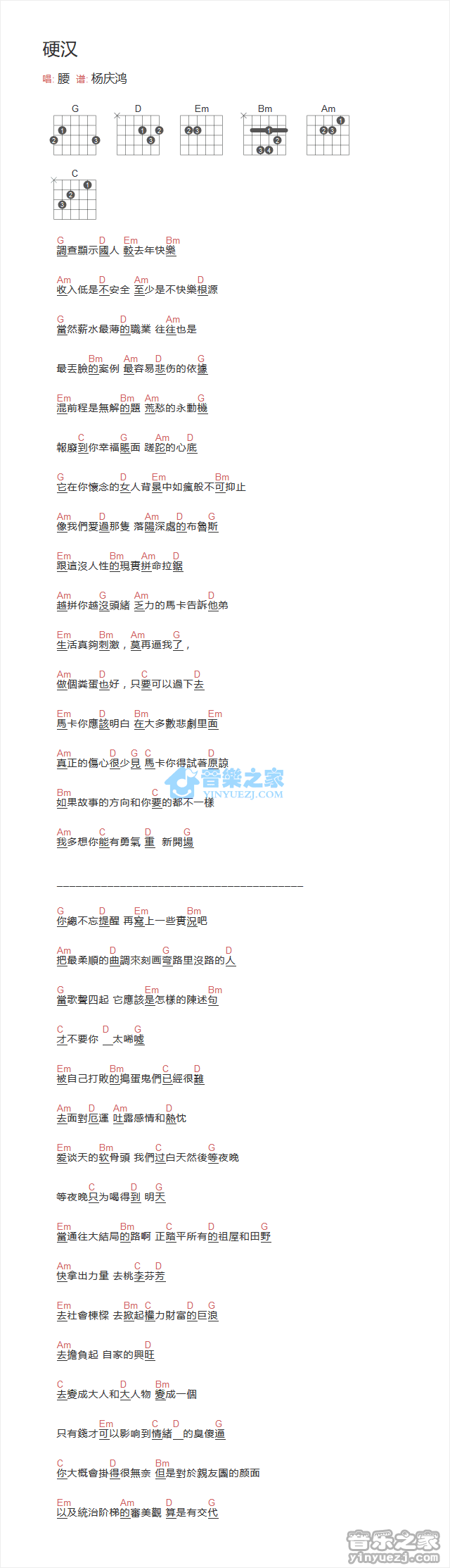 硬汉吉他谱 G调和弦谱_音乐之家编配_腰乐队 硬汉吉他谱 G调和弦谱_音乐之家编配_腰乐队