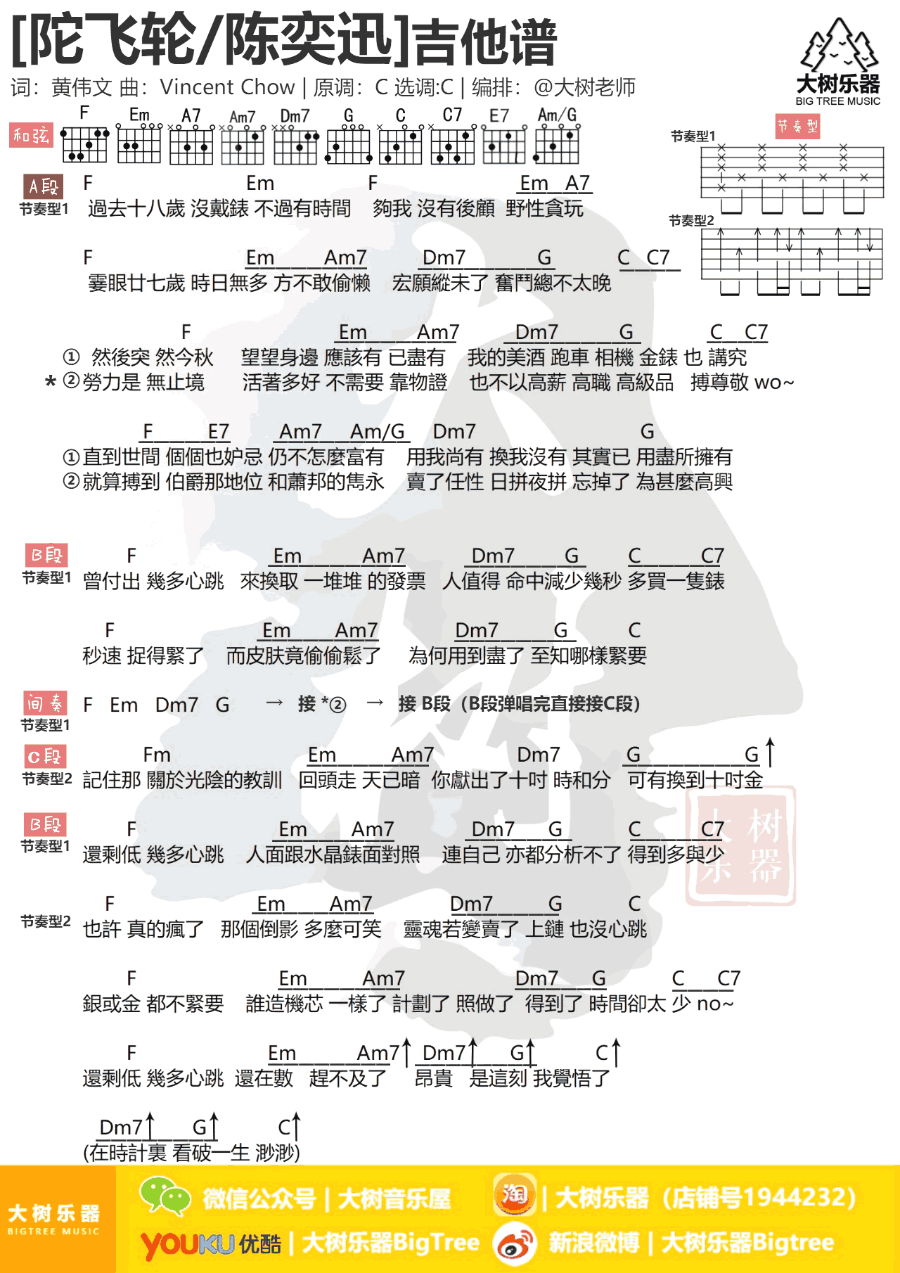 托飞轮吉他谱 C调和弦谱_大树音乐屋编配_陈奕迅