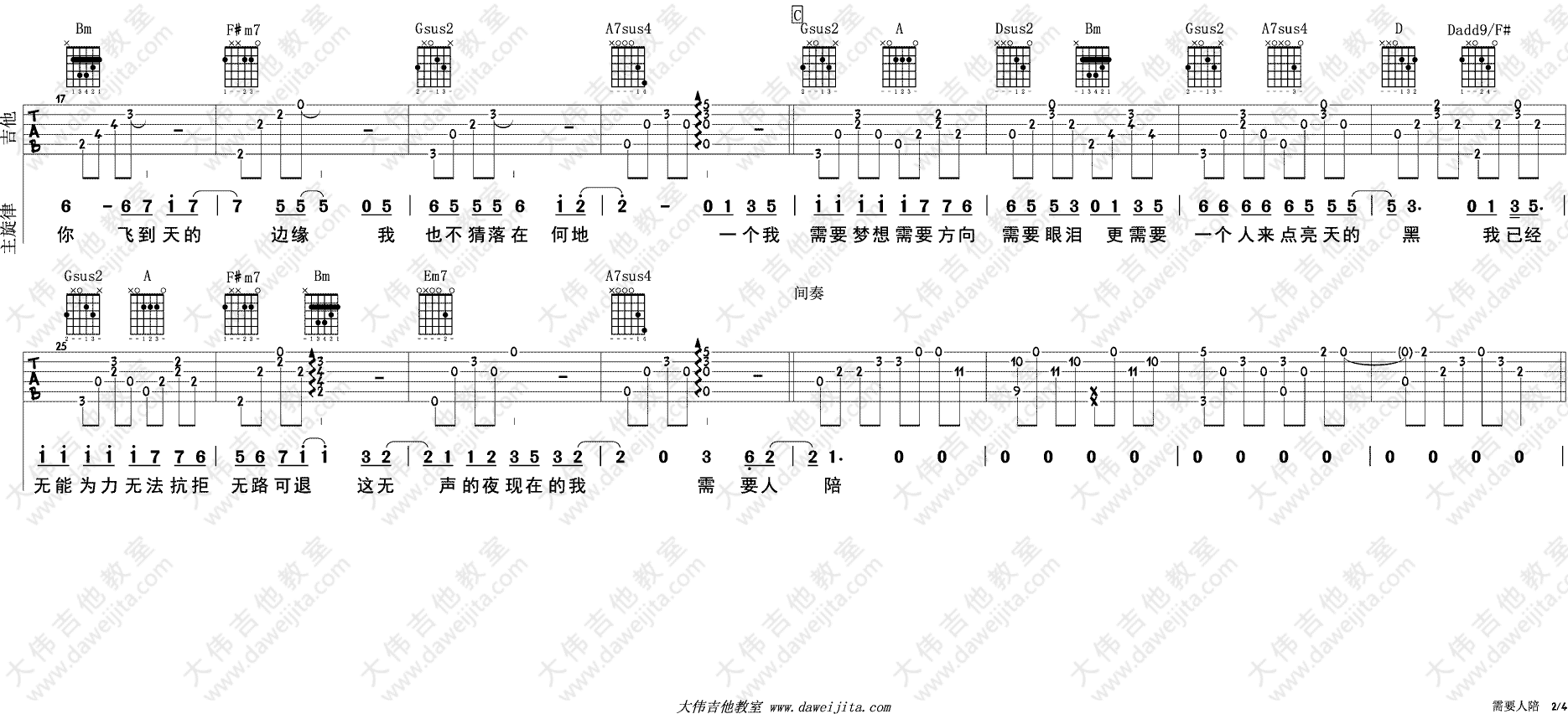 需要人陪吉他谱 F调六线谱_大伟吉他教室编配_王力宏