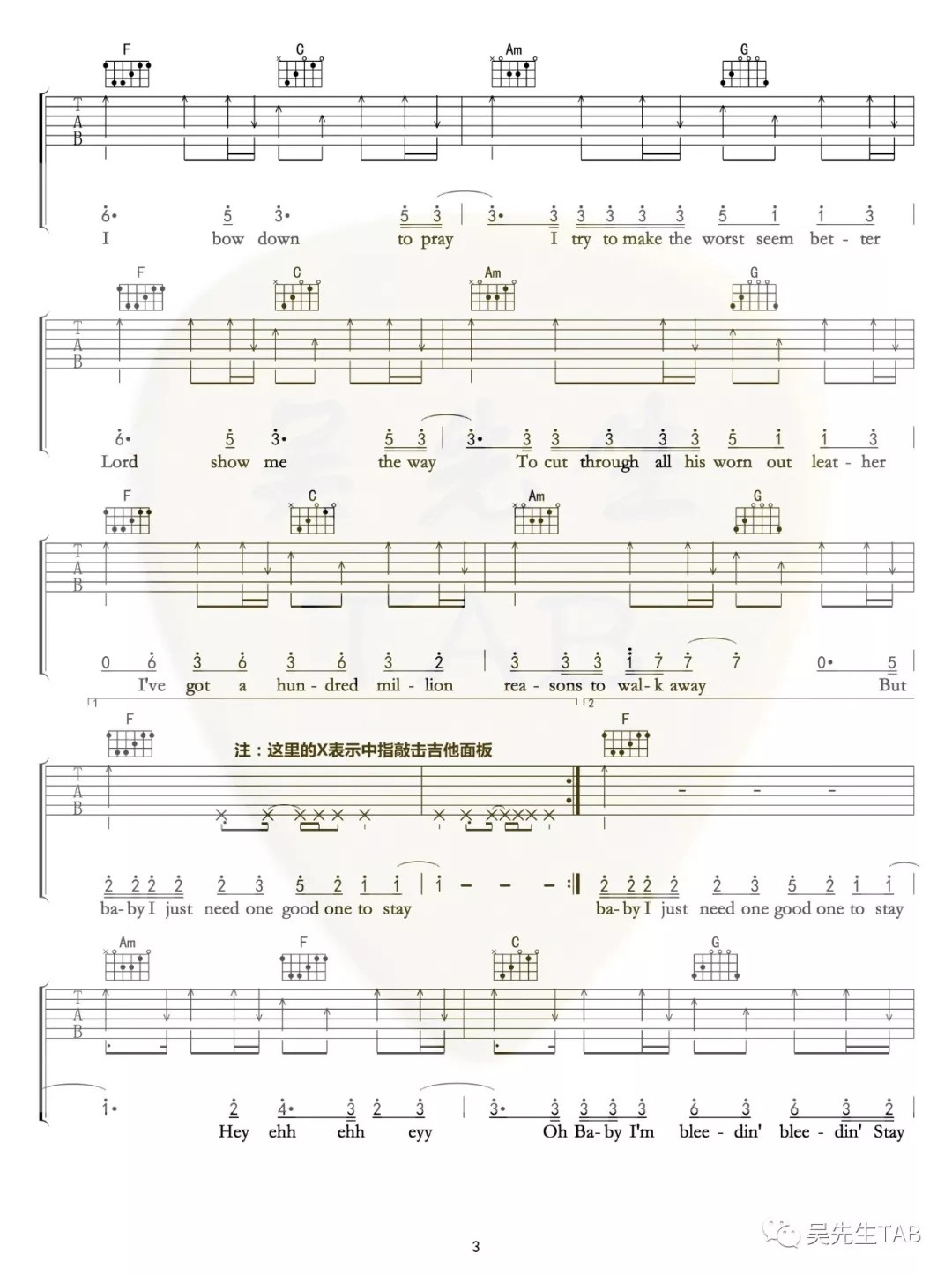 Million Reasons吉他谱 C调扫弦版_吴先生编配_lady gaga