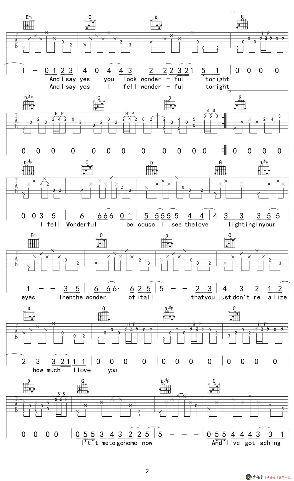 Wonderful Tonight吉他谱 G调附前奏_八音阁编配_Eric Clapton