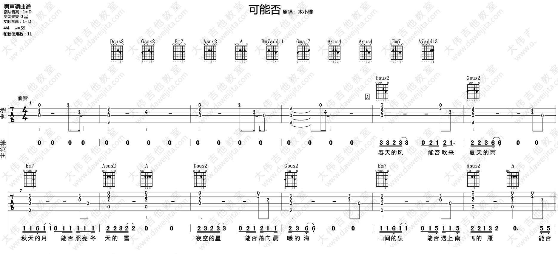 可能否吉他谱 D调指弹版附视频_大伟吉他编配_木小雅