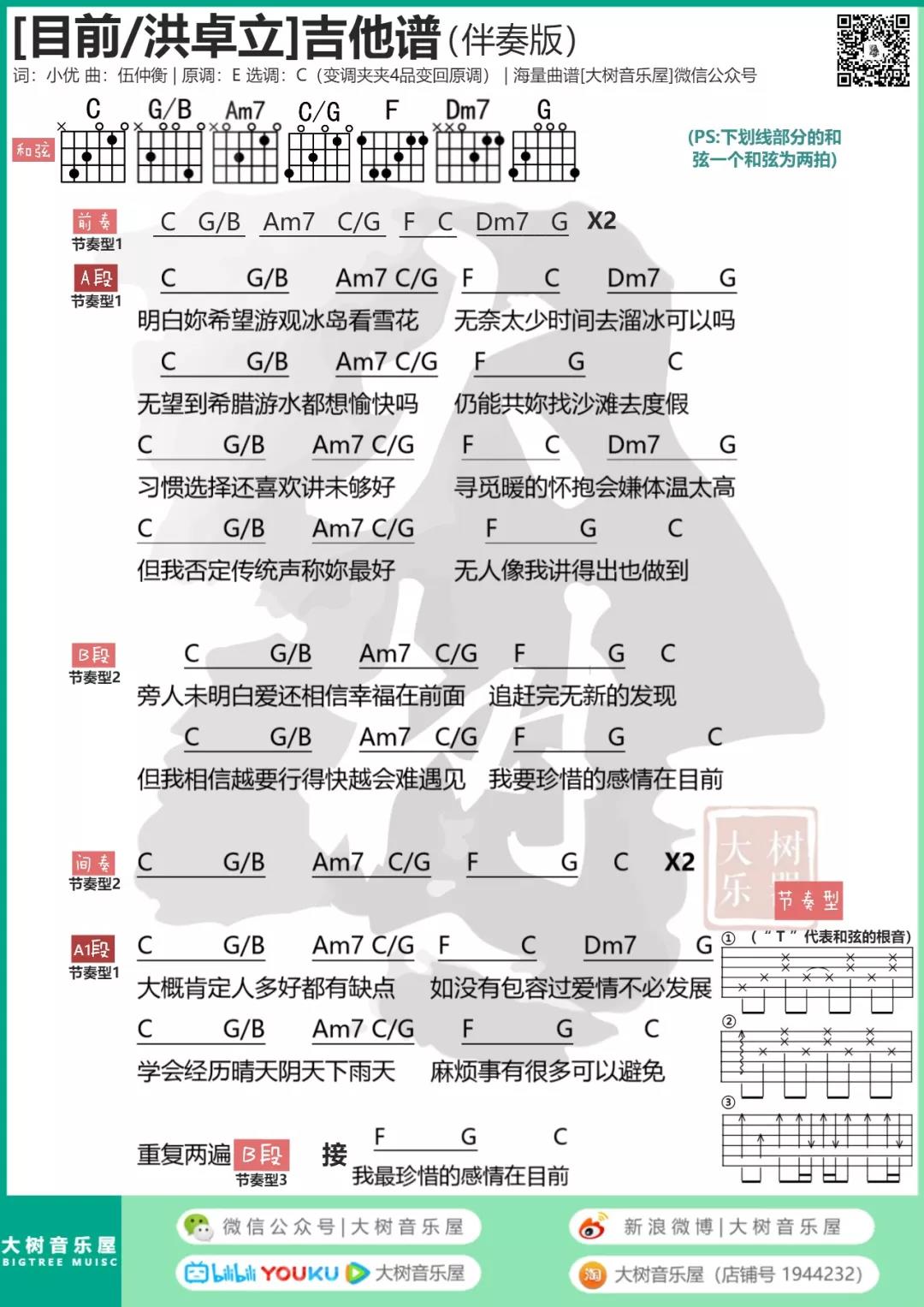 目前吉他谱 C调和弦谱_大树音乐屋编配_洪卓立