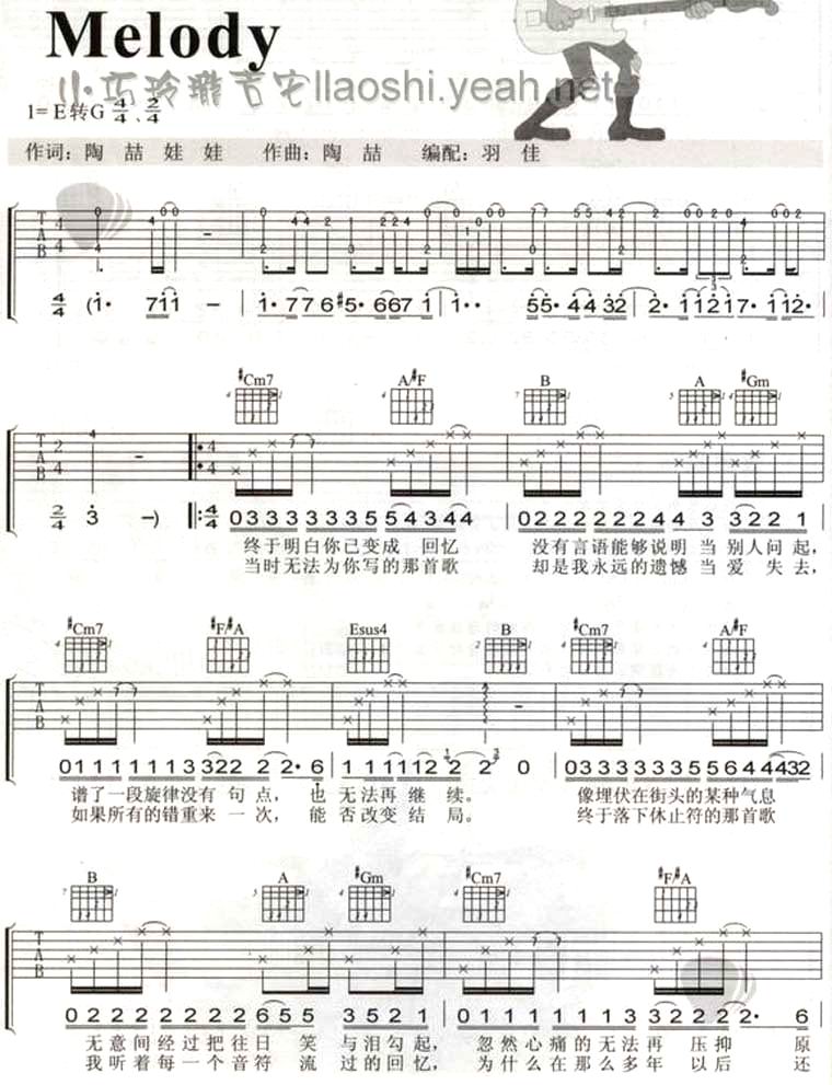 melody吉他谱 G调六线谱_小巧玲珑吉他编配_陶喆